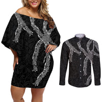 Hawaii Maile Lei Couples Matching Off Shoulder Short Dress and Long Sleeve Button Shirt Aloha Grayscale Color LT03 Grayscale - Polynesian Pride