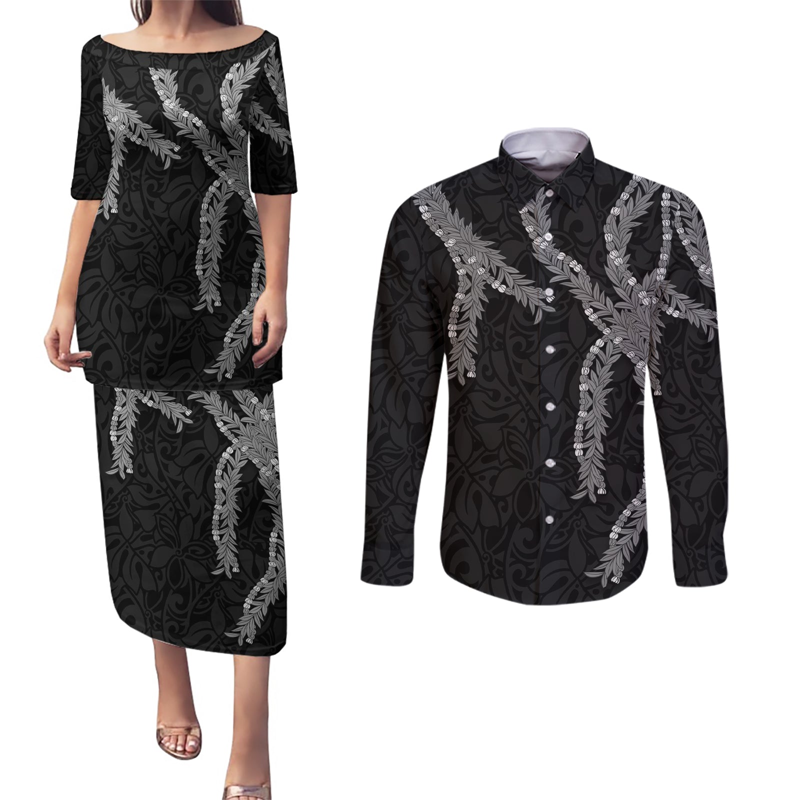 Hawaii Maile Lei Couples Matching Puletasi and Long Sleeve Button Shirt Aloha Grayscale Color