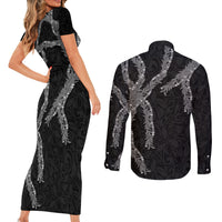 Hawaii Maile Lei Couples Matching Short Sleeve Bodycon Dress and Long Sleeve Button Shirt Aloha Grayscale Color LT03 - Polynesian Pride