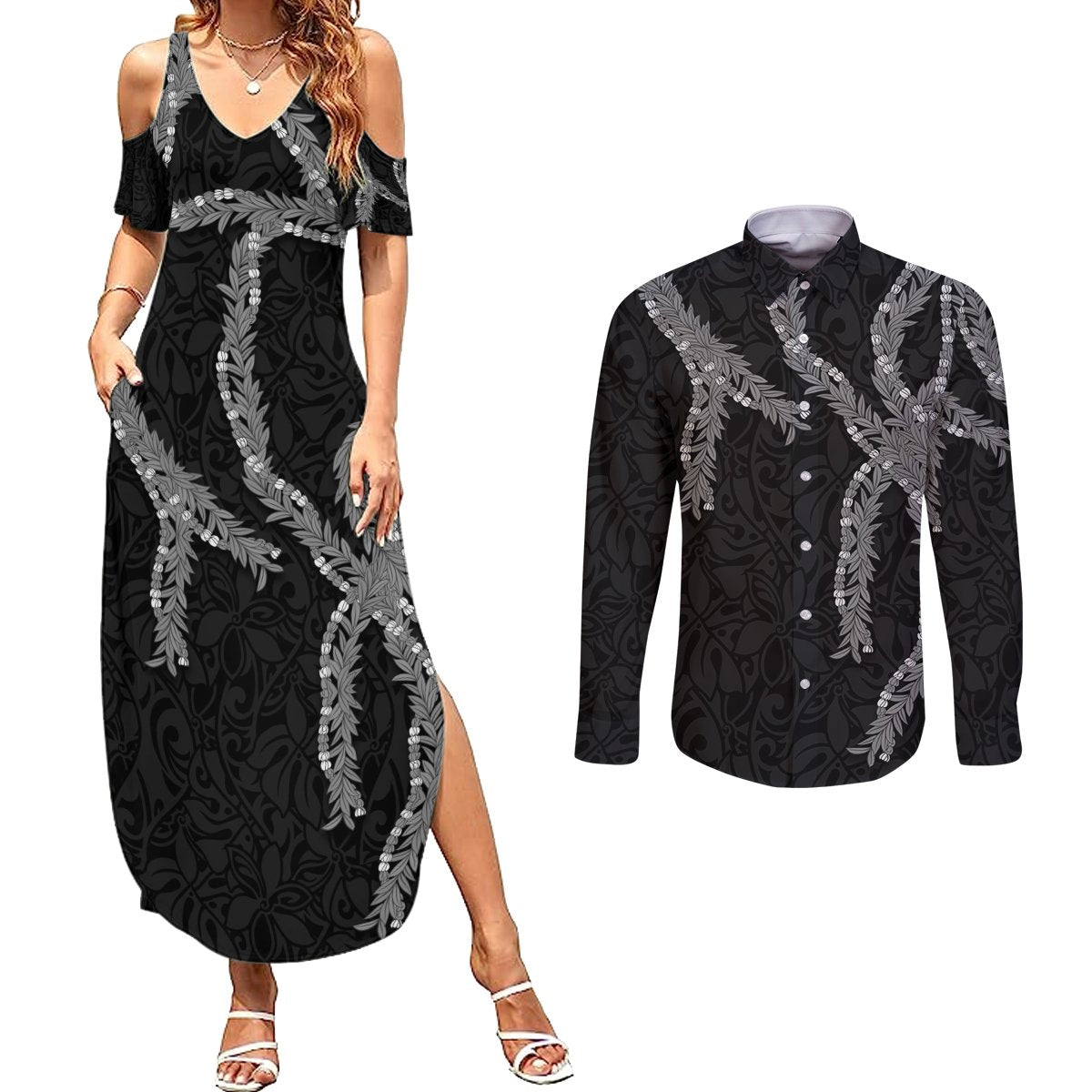 Hawaii Maile Lei Couples Matching Summer Maxi Dress and Long Sleeve Button Shirt Aloha Grayscale Color LT03 Grayscale - Polynesian Pride