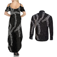 Hawaii Maile Lei Couples Matching Summer Maxi Dress and Long Sleeve Button Shirt Aloha Grayscale Color LT03 - Polynesian Pride