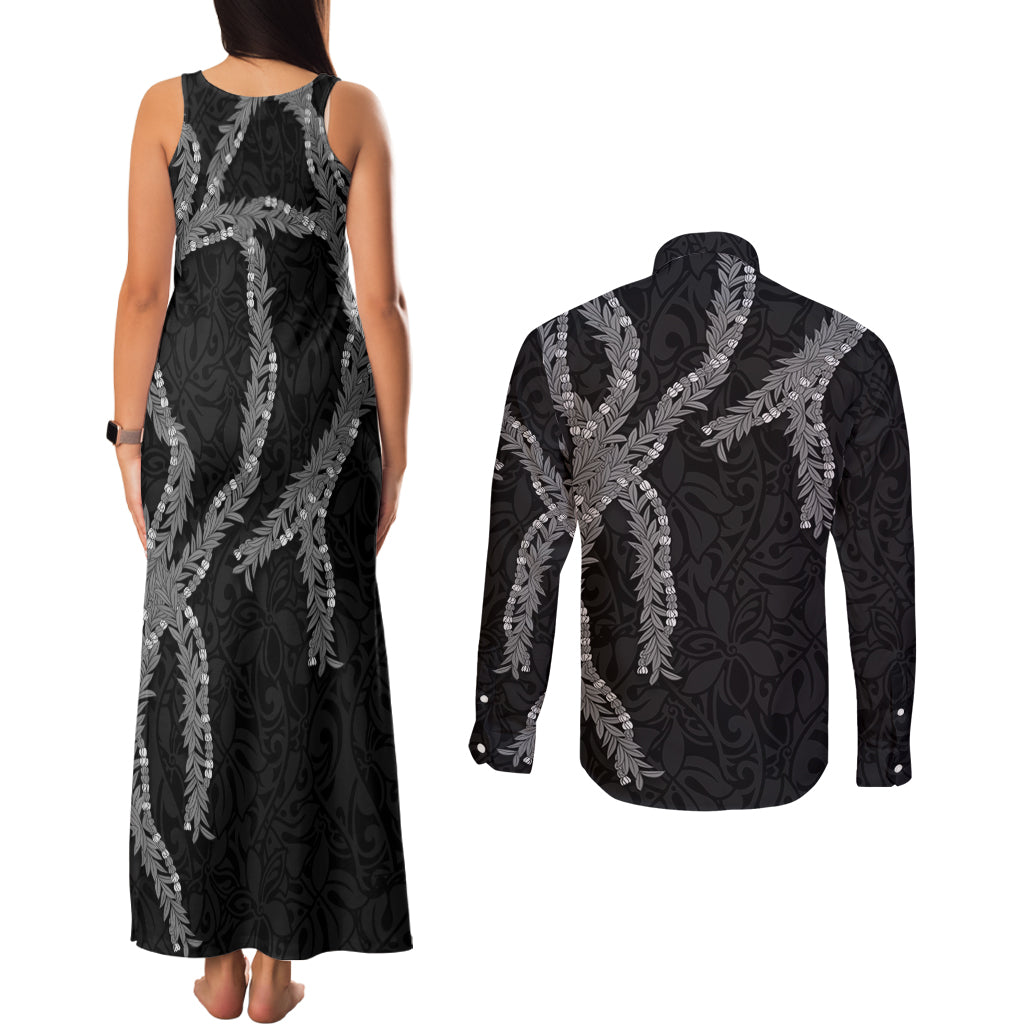 Hawaii Maile Lei Couples Matching Tank Maxi Dress and Long Sleeve Button Shirt Aloha Grayscale Color LT03 - Polynesian Pride