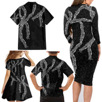 Hawaii Maile Lei Family Matching Long Sleeve Bodycon Dress and Hawaiian Shirt Aloha Grayscale Color