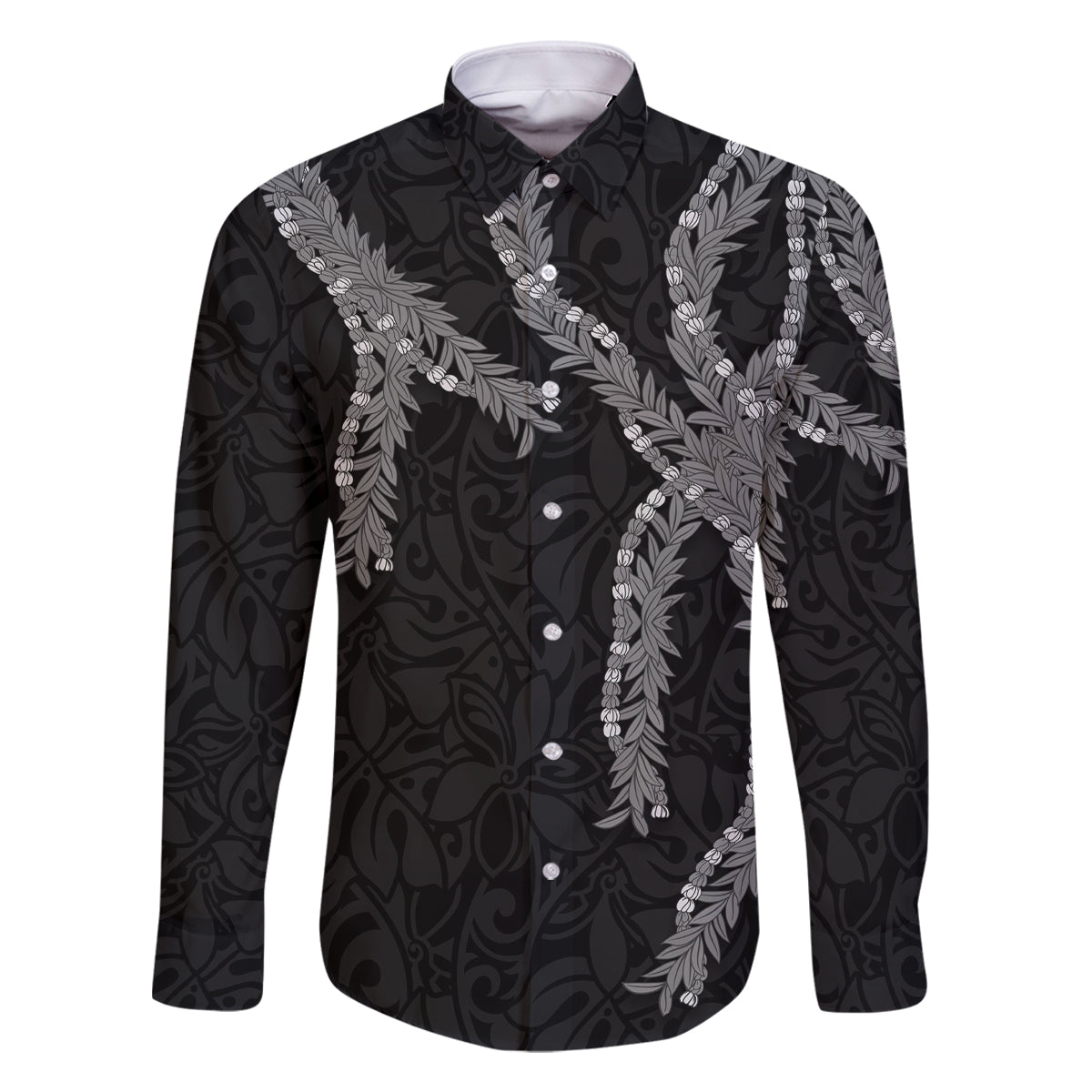 Hawaii Maile Lei Family Matching Off The Shoulder Long Sleeve Dress and Hawaiian Shirt Aloha Grayscale Color LT03 Dad's Shirt - Long Sleeve Grayscale - Polynesian Pride