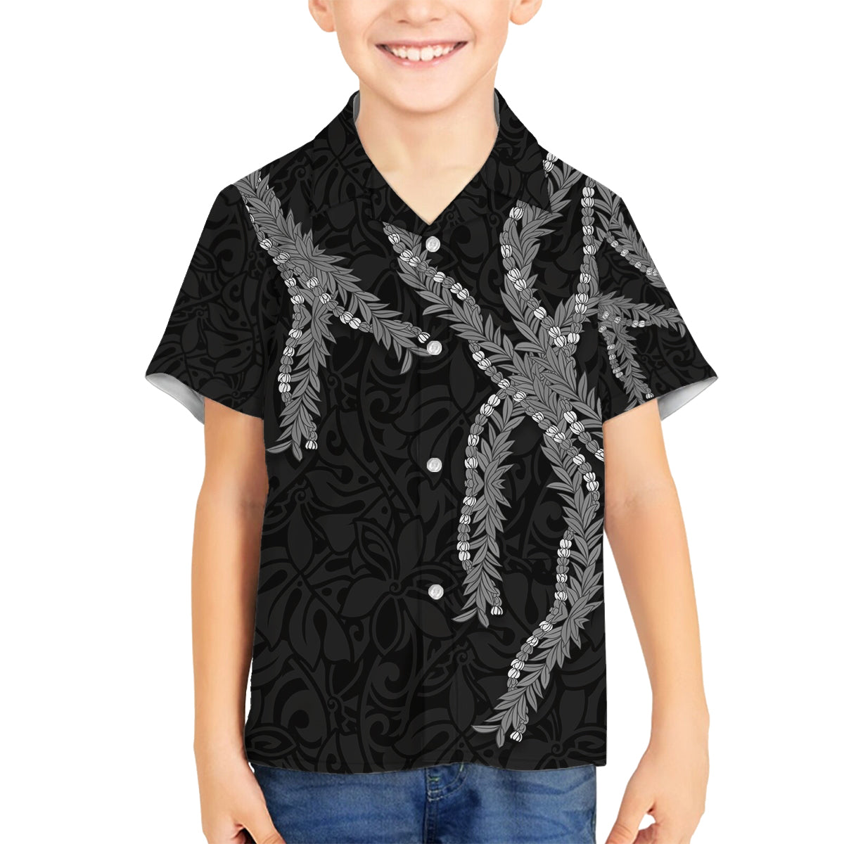 Hawaii Maile Lei Family Matching Off The Shoulder Long Sleeve Dress and Hawaiian Shirt Aloha Grayscale Color LT03 Son's Shirt Grayscale - Polynesian Pride