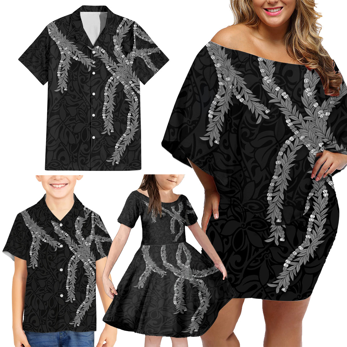 Hawaii Maile Lei Family Matching Off Shoulder Short Dress and Hawaiian Shirt Aloha Grayscale Color LT03 - Polynesian Pride