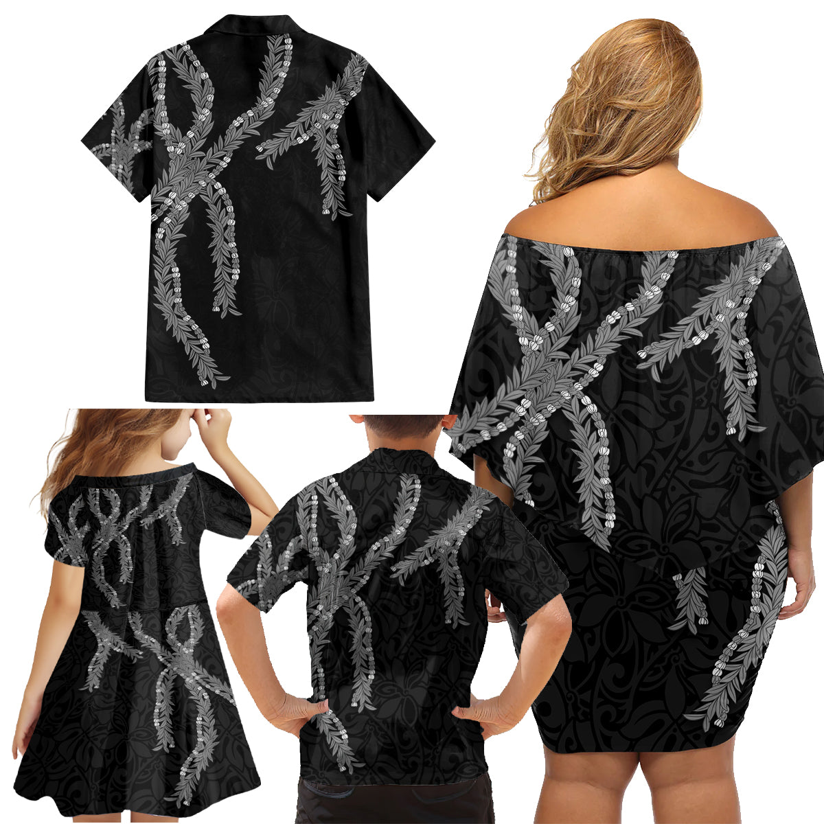 Hawaii Maile Lei Family Matching Off Shoulder Short Dress and Hawaiian Shirt Aloha Grayscale Color LT03 - Polynesian Pride