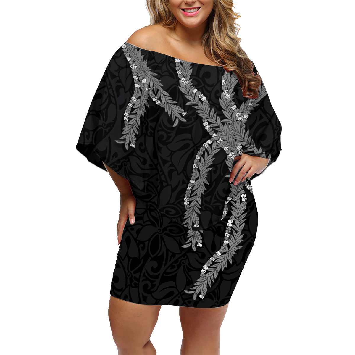 Hawaii Maile Lei Family Matching Off Shoulder Short Dress and Hawaiian Shirt Aloha Grayscale Color LT03 Mom's Dress Grayscale - Polynesian Pride