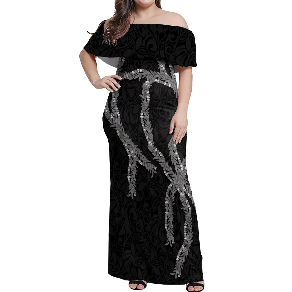Hawaii Maile Lei Off Shoulder Maxi Dress Aloha Grayscale Color