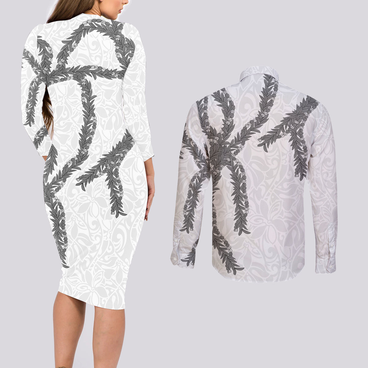 Hawaii Maile Lei Couples Matching Long Sleeve Bodycon Dress and Long Sleeve Button Shirt Aloha The Grey Color LT03 - Polynesian Pride