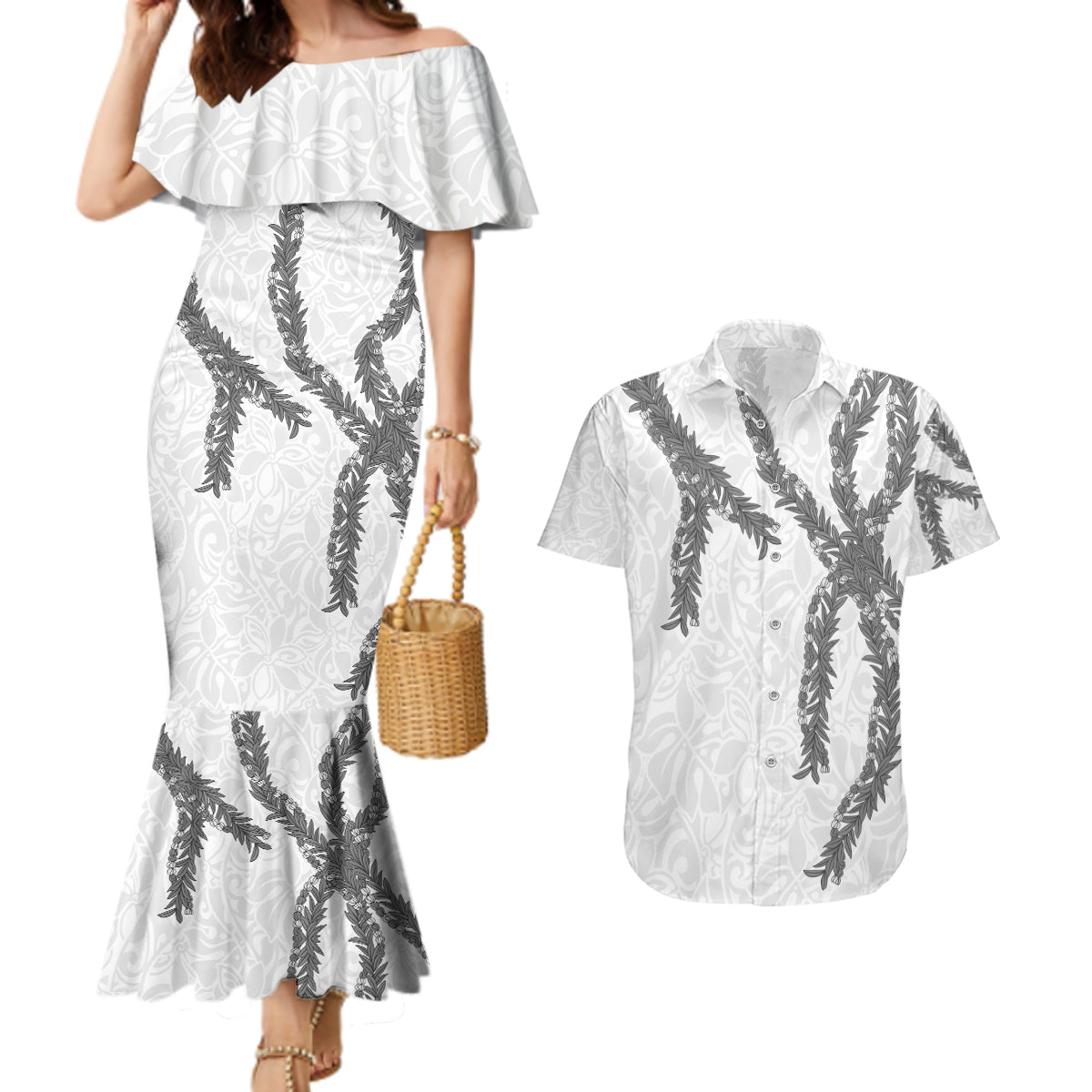 Hawaii Maile Lei Couples Matching Mermaid Dress and Hawaiian Shirt Aloha The Grey Color