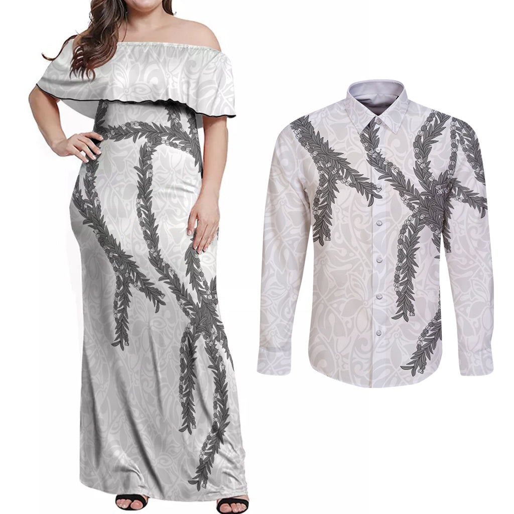 Hawaii Maile Lei Couples Matching Off Shoulder Maxi Dress and Long Sleeve Button Shirt Aloha The Grey Color LT03 Grey - Polynesian Pride
