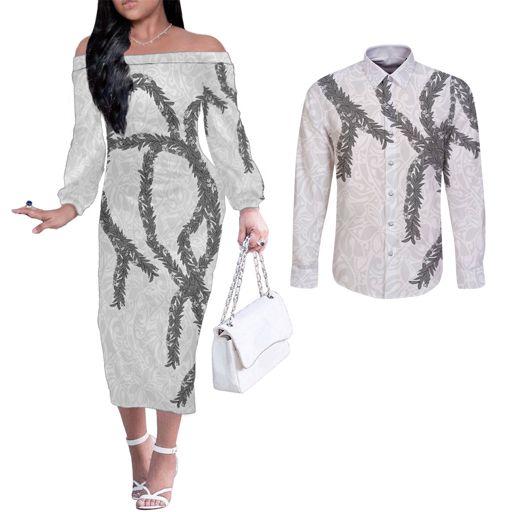 Hawaii Maile Lei Couples Matching Off The Shoulder Long Sleeve Dress and Long Sleeve Button Shirt Aloha The Grey Color LT03 Grey - Polynesian Pride
