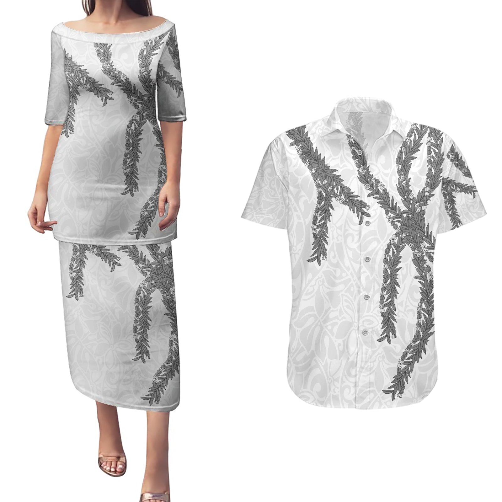 Hawaii Maile Lei Couples Matching Puletasi and Hawaiian Shirt Aloha The Grey Color