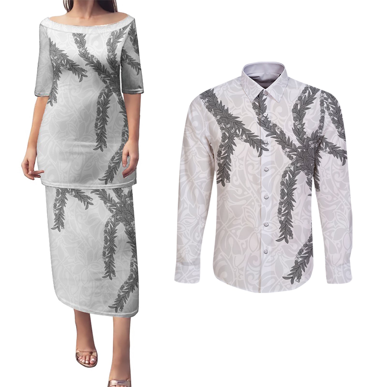 Hawaii Maile Lei Couples Matching Puletasi and Long Sleeve Button Shirt Aloha The Grey Color