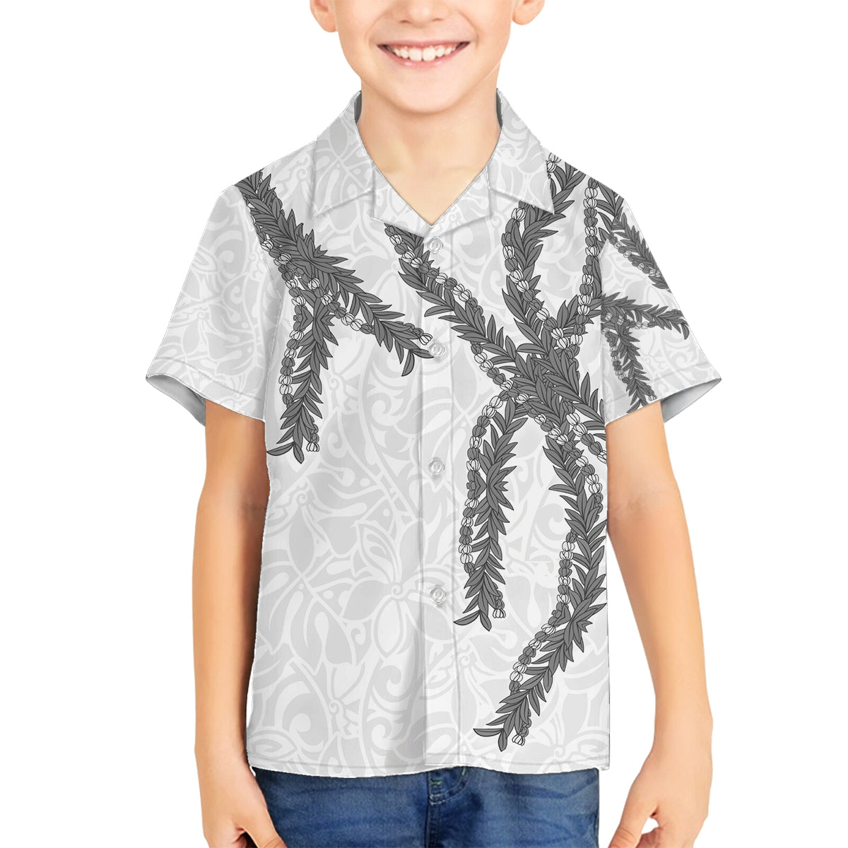 Hawaii Maile Lei Family Matching Off The Shoulder Long Sleeve Dress and Hawaiian Shirt Aloha The Grey Color LT03 Son's Shirt Grey - Polynesian Pride