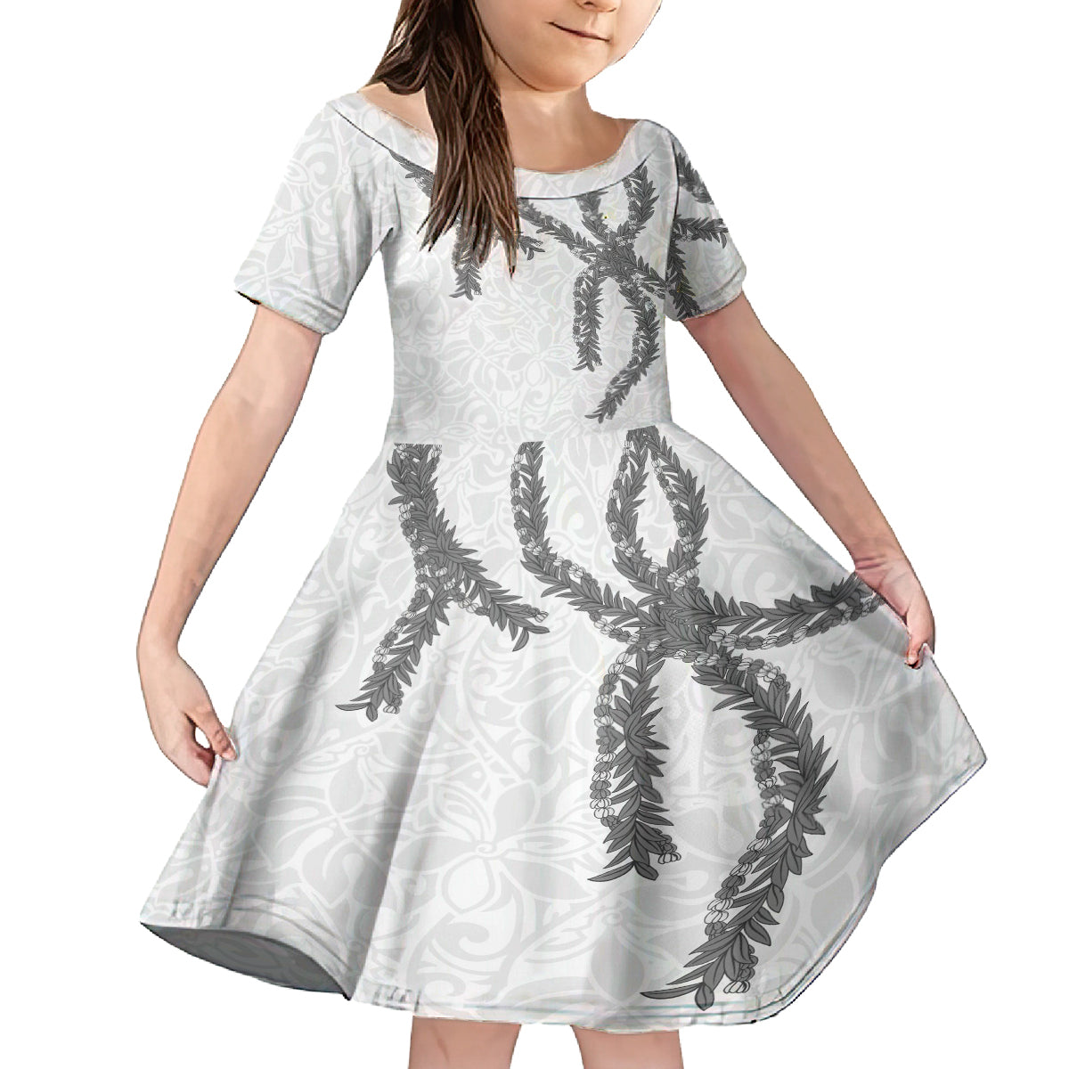 Hawaii Maile Lei Family Matching Off Shoulder Short Dress and Hawaiian Shirt Aloha The Grey Color LT03 Daughter's Dress Grey - Polynesian Pride