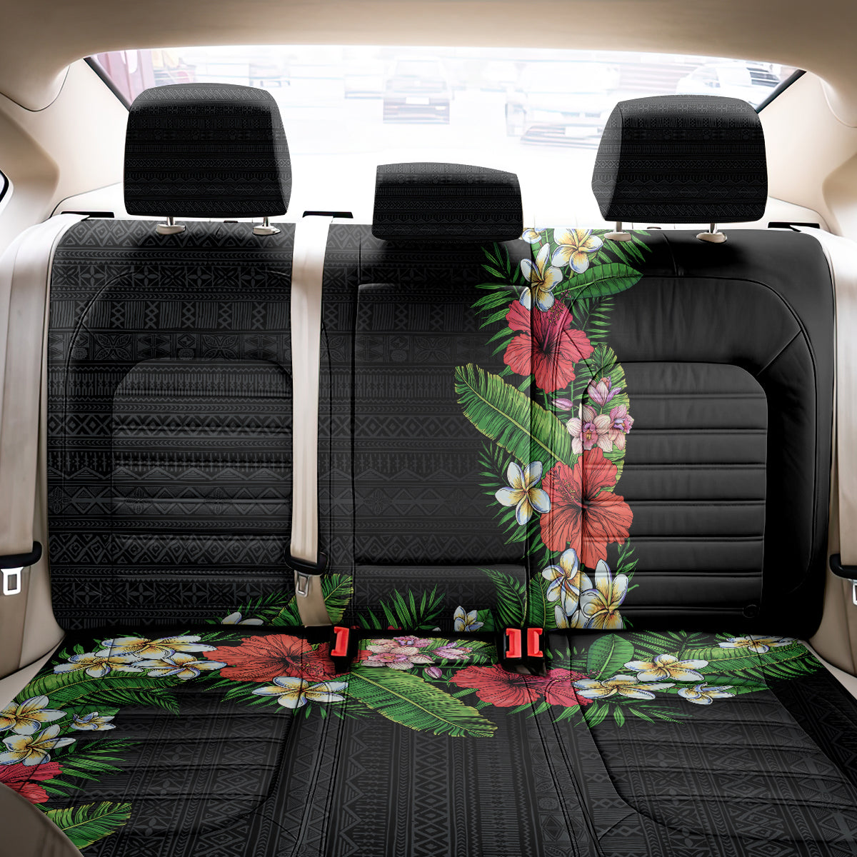 Hawaii Tropical Flowers and Leaves Back Car Seat Cover Tapa Pattern Colorful Mode