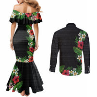 Hawaii Tropical Flowers and Leaves Couples Matching Mermaid Dress and Long Sleeve Button Shirt Tapa Pattern Colorful Mode