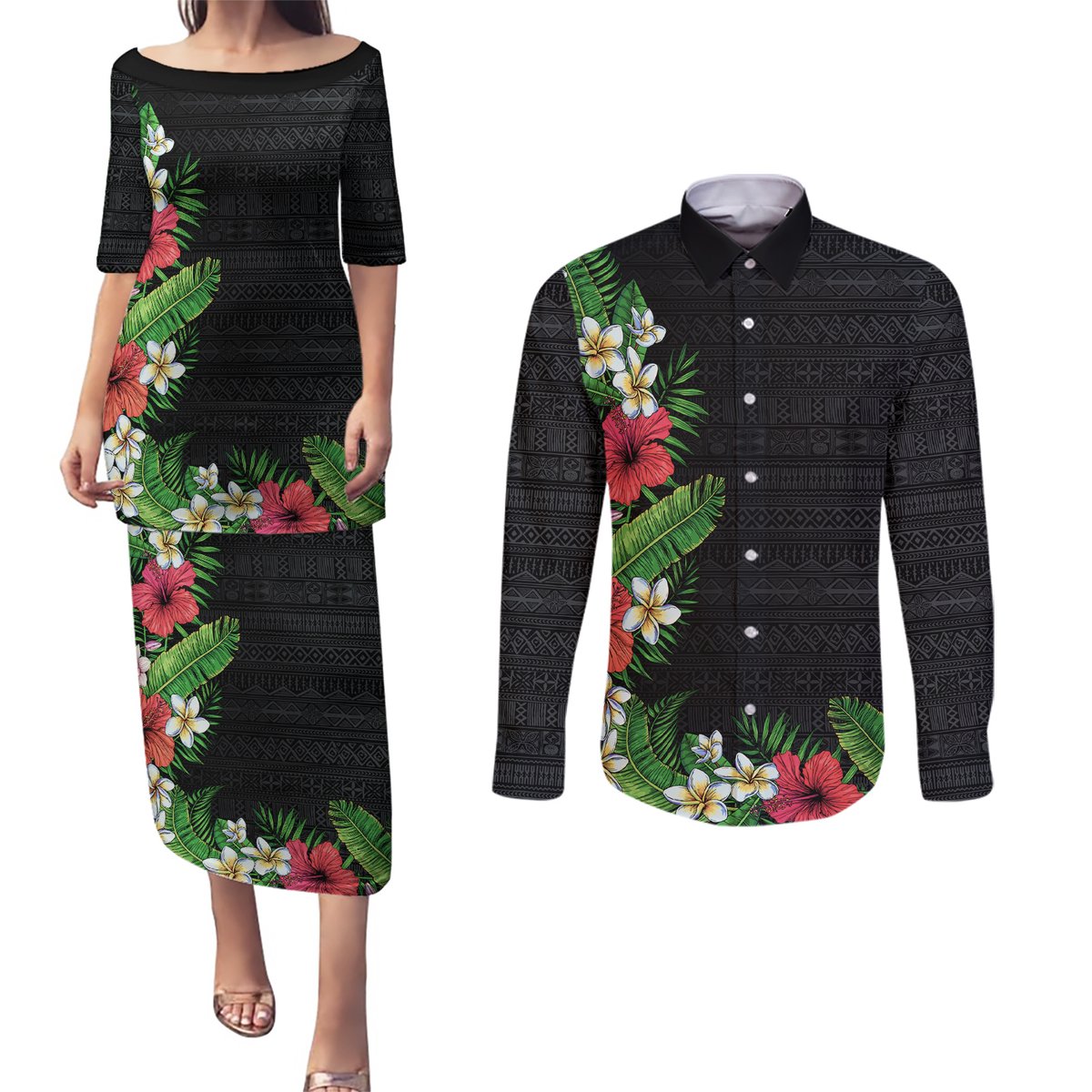 Hawaii Tropical Flowers and Leaves Couples Matching Puletasi and Long Sleeve Button Shirt Tapa Pattern Colorful Mode LT03 Black - Polynesian Pride