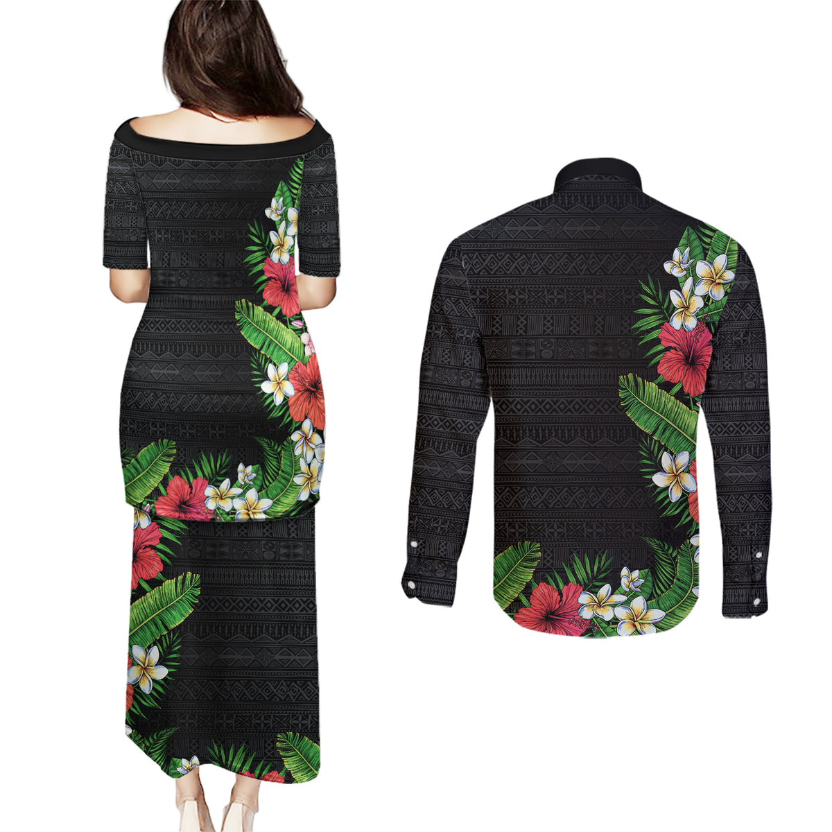 Hawaii Tropical Flowers and Leaves Couples Matching Puletasi and Long Sleeve Button Shirt Tapa Pattern Colorful Mode