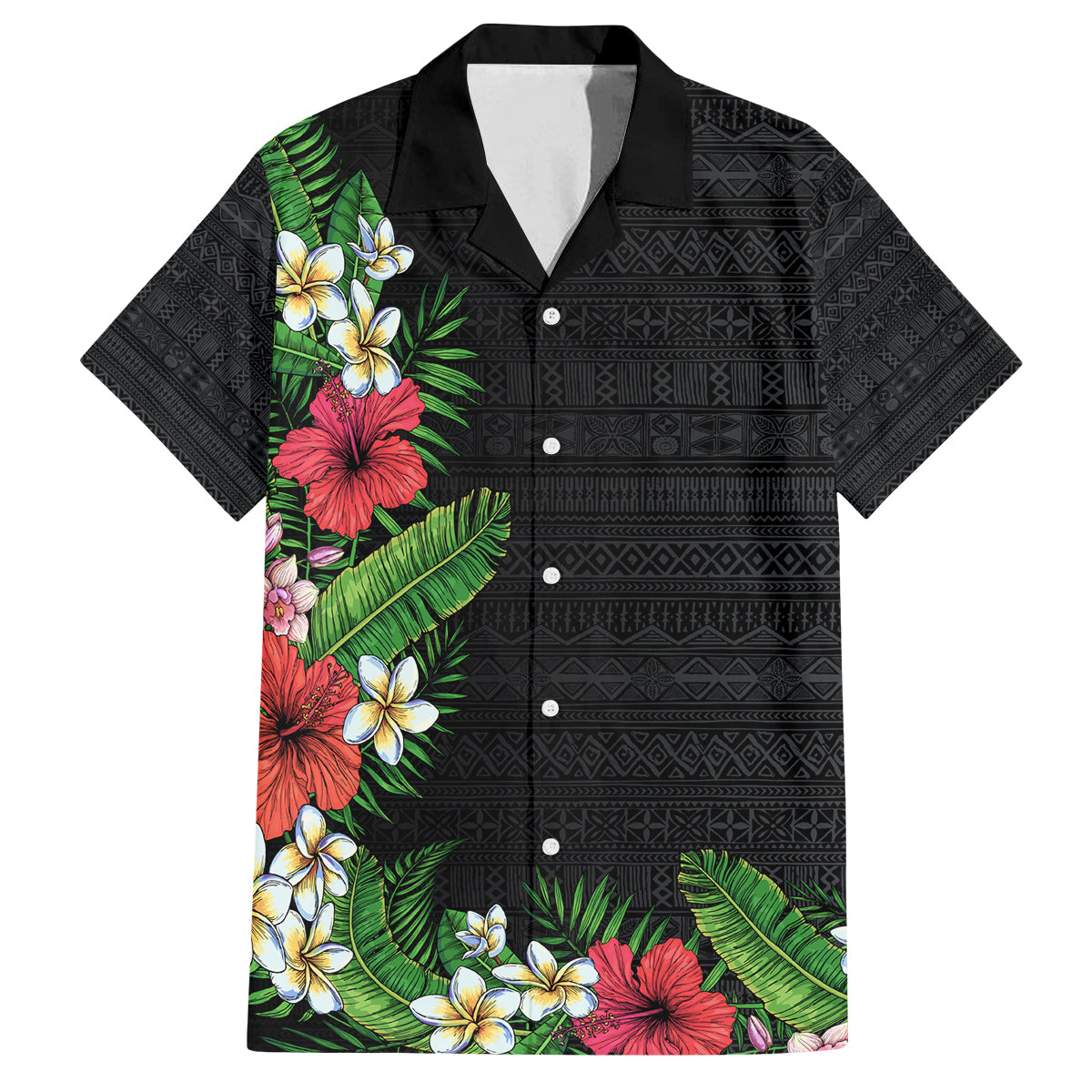 Hawaii Tropical Flowers and Leaves Family Matching Long Sleeve Bodycon Dress and Hawaiian Shirt Tapa Pattern Colorful Mode LT03 Dad's Shirt - Short Sleeve Black - Polynesian Pride