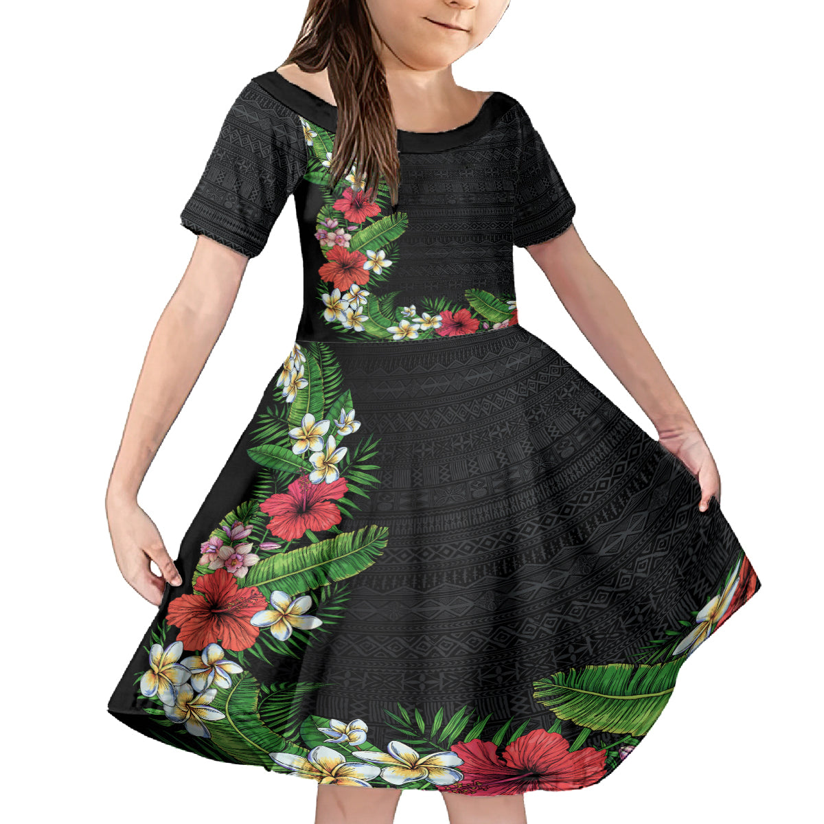 Hawaii Tropical Flowers and Leaves Family Matching Off The Shoulder Long Sleeve Dress and Hawaiian Shirt Tapa Pattern Colorful Mode LT03 Daughter's Dress Black - Polynesian Pride