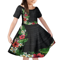Hawaii Tropical Flowers and Leaves Family Matching Off The Shoulder Long Sleeve Dress and Hawaiian Shirt Tapa Pattern Colorful Mode LT03 Daughter's Dress Black - Polynesian Pride