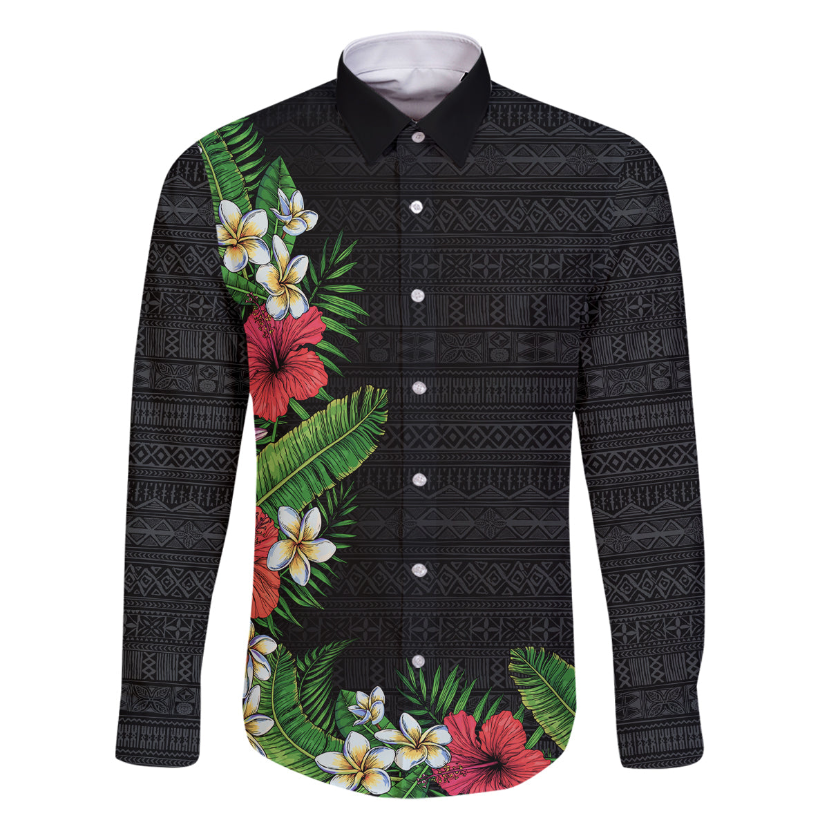 Hawaii Tropical Flowers and Leaves Family Matching Off The Shoulder Long Sleeve Dress and Hawaiian Shirt Tapa Pattern Colorful Mode LT03 Dad's Shirt - Long Sleeve Black - Polynesian Pride