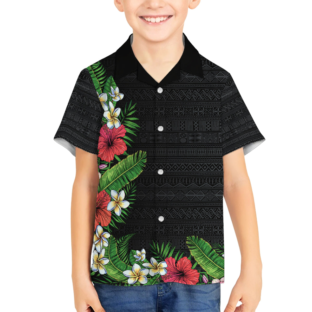 Hawaii Tropical Flowers and Leaves Family Matching Off The Shoulder Long Sleeve Dress and Hawaiian Shirt Tapa Pattern Colorful Mode LT03 Son's Shirt Black - Polynesian Pride