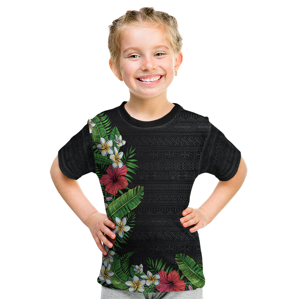 Hawaii Tropical Flowers and Leaves Kid T Shirt Tapa Pattern Colorful Mode LT03 Black - Polynesian Pride