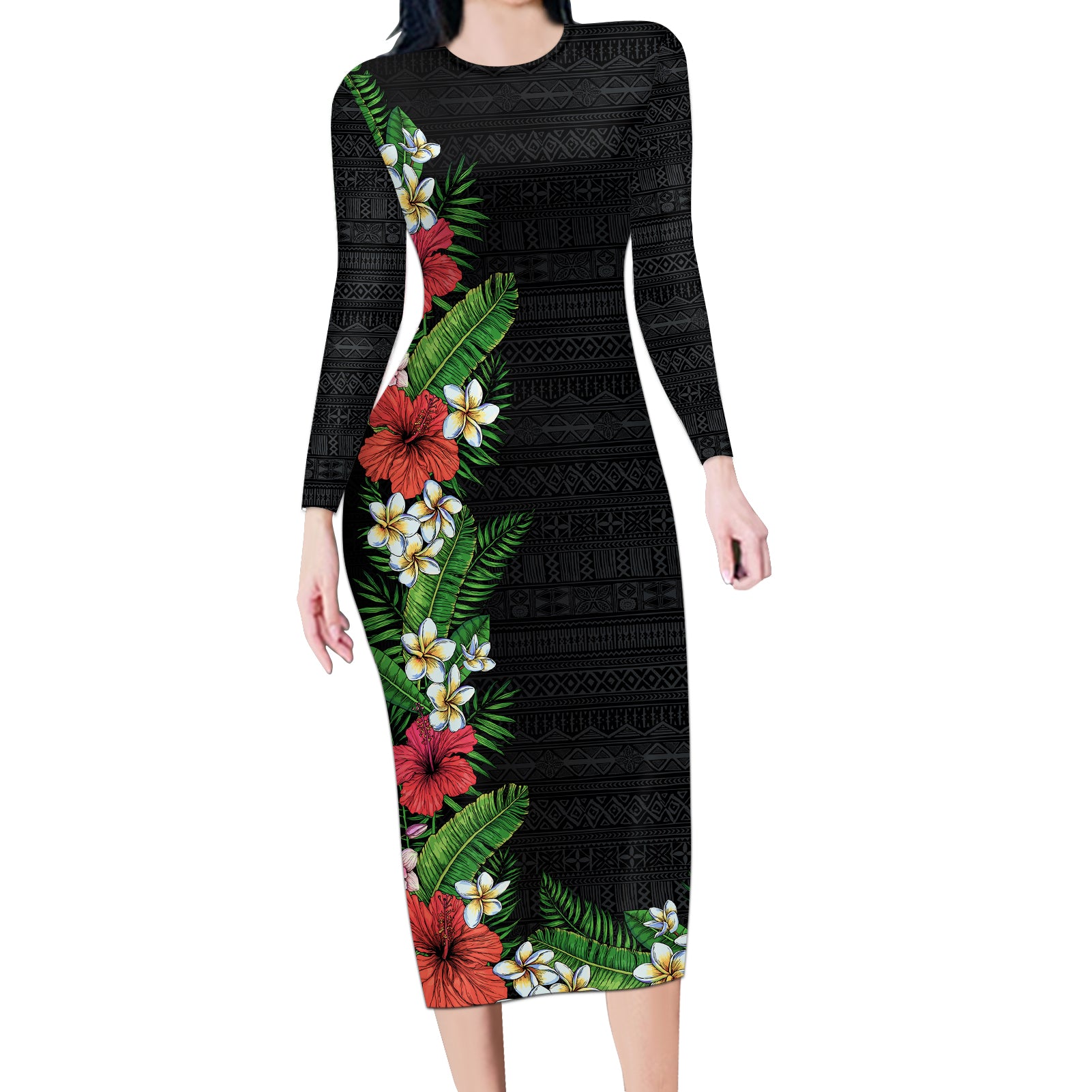 Hawaii Tropical Flowers and Leaves Long Sleeve Bodycon Dress Tapa Pattern Colorful Mode