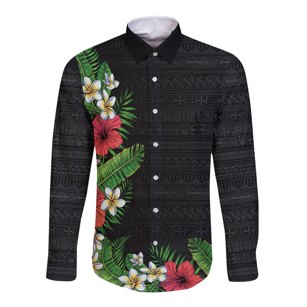 Hawaii Tropical Flowers and Leaves Long Sleeve Button Shirt Tapa Pattern Colorful Mode LT03 Unisex Black - Polynesian Pride