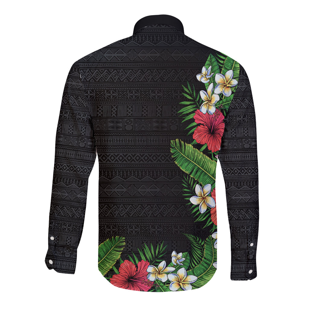 Hawaii Tropical Flowers and Leaves Long Sleeve Button Shirt Tapa Pattern Colorful Mode
