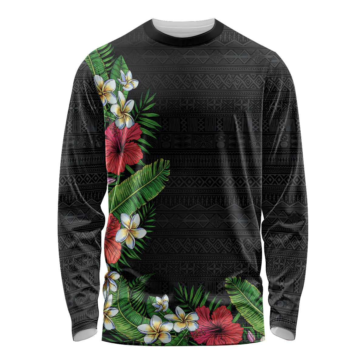 Hawaii Tropical Flowers and Leaves Long Sleeve Shirt Tapa Pattern Colorful Mode LT03 Unisex Black - Polynesian Pride