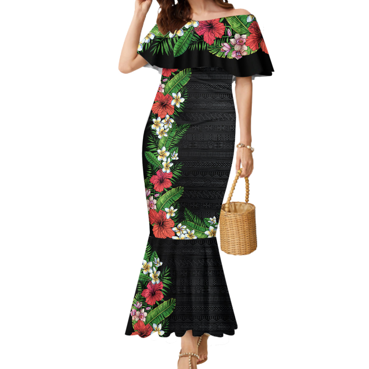 Hawaii Tropical Flowers and Leaves Mermaid Dress Tapa Pattern Colorful Mode