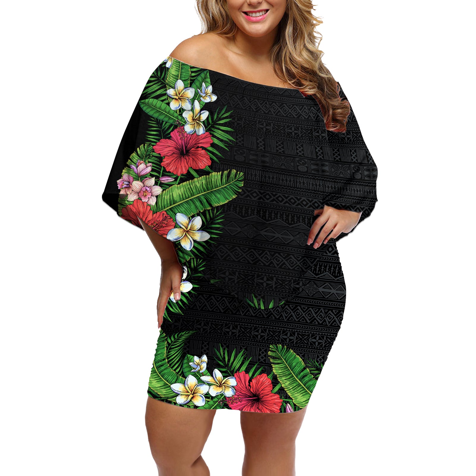 Hawaii Tropical Flowers and Leaves Off Shoulder Short Dress Tapa Pattern Colorful Mode