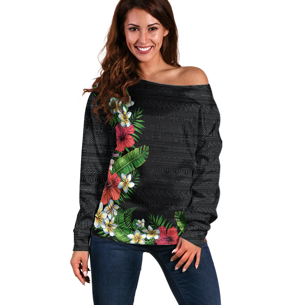 Hawaii Tropical Flowers and Leaves Off Shoulder Sweater Tapa Pattern Colorful Mode