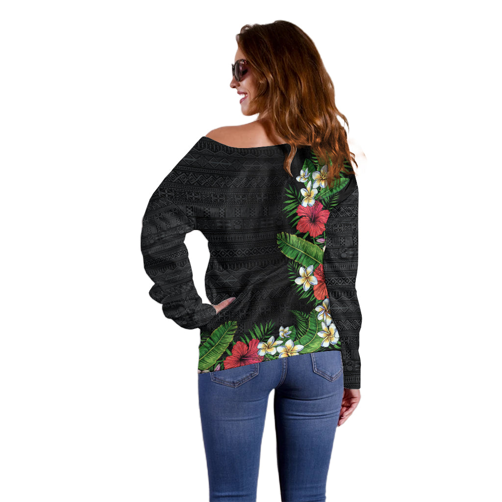 Hawaii Tropical Flowers and Leaves Off Shoulder Sweater Tapa Pattern Colorful Mode