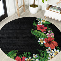 Hawaii Tropical Flowers and Leaves Round Carpet Tapa Pattern Colorful Mode LT03 Black - Polynesian Pride