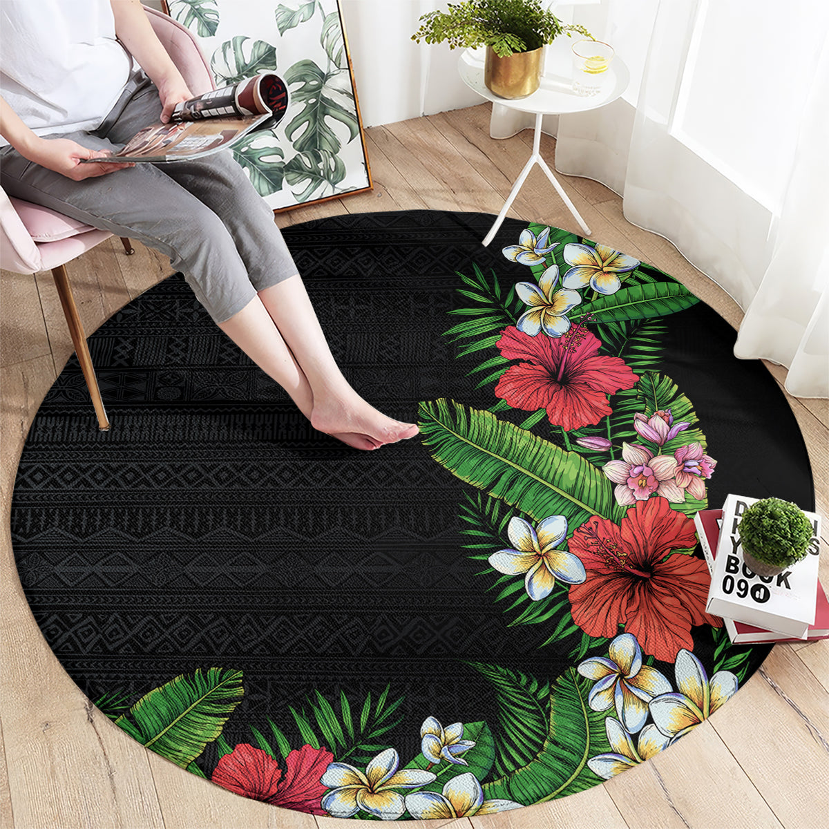 Hawaii Tropical Flowers and Leaves Round Carpet Tapa Pattern Colorful Mode LT03 - Polynesian Pride