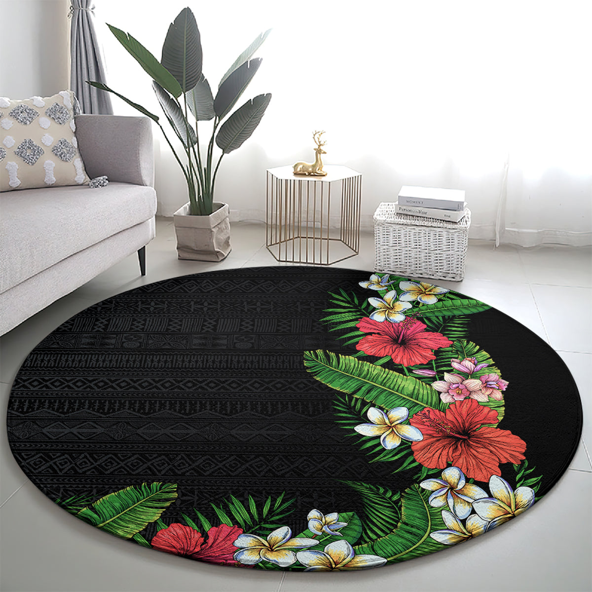 Hawaii Tropical Flowers and Leaves Round Carpet Tapa Pattern Colorful Mode LT03 - Polynesian Pride