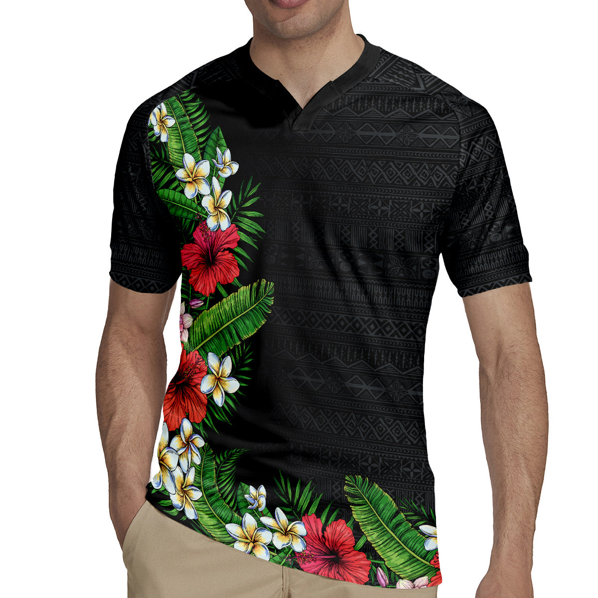 Hawaii Tropical Flowers and Leaves Rugby Jersey Tapa Pattern Colorful Mode