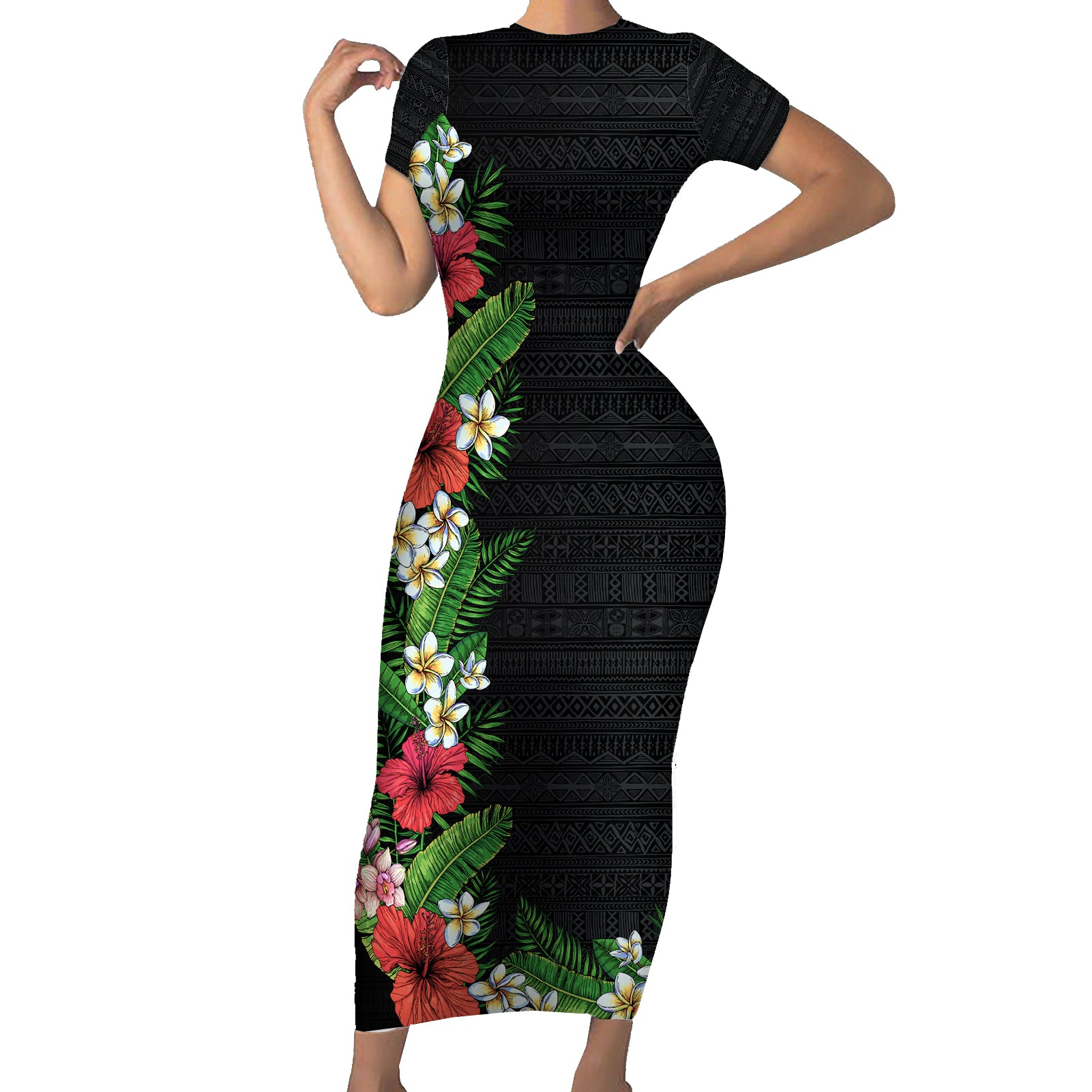 Hawaii Tropical Flowers and Leaves Short Sleeve Bodycon Dress Tapa Pattern Colorful Mode