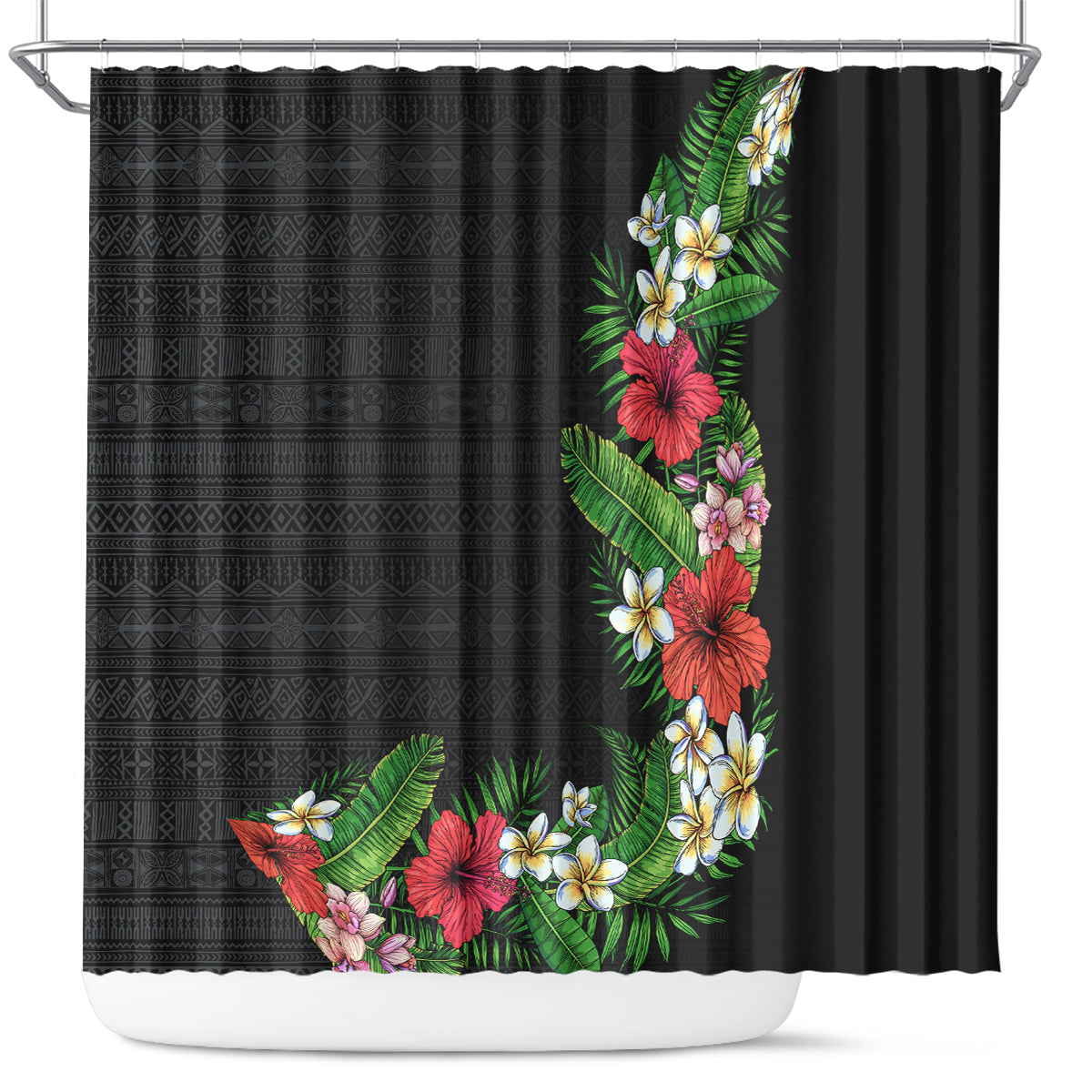 Hawaii Tropical Flowers and Leaves Shower Curtain Tapa Pattern Colorful Mode LT03 Black - Polynesian Pride