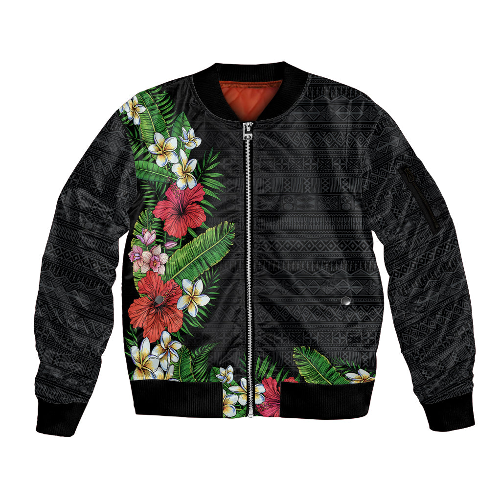 Hawaii Tropical Flowers and Leaves Sleeve Zip Bomber Jacket Tapa Pattern Colorful Mode