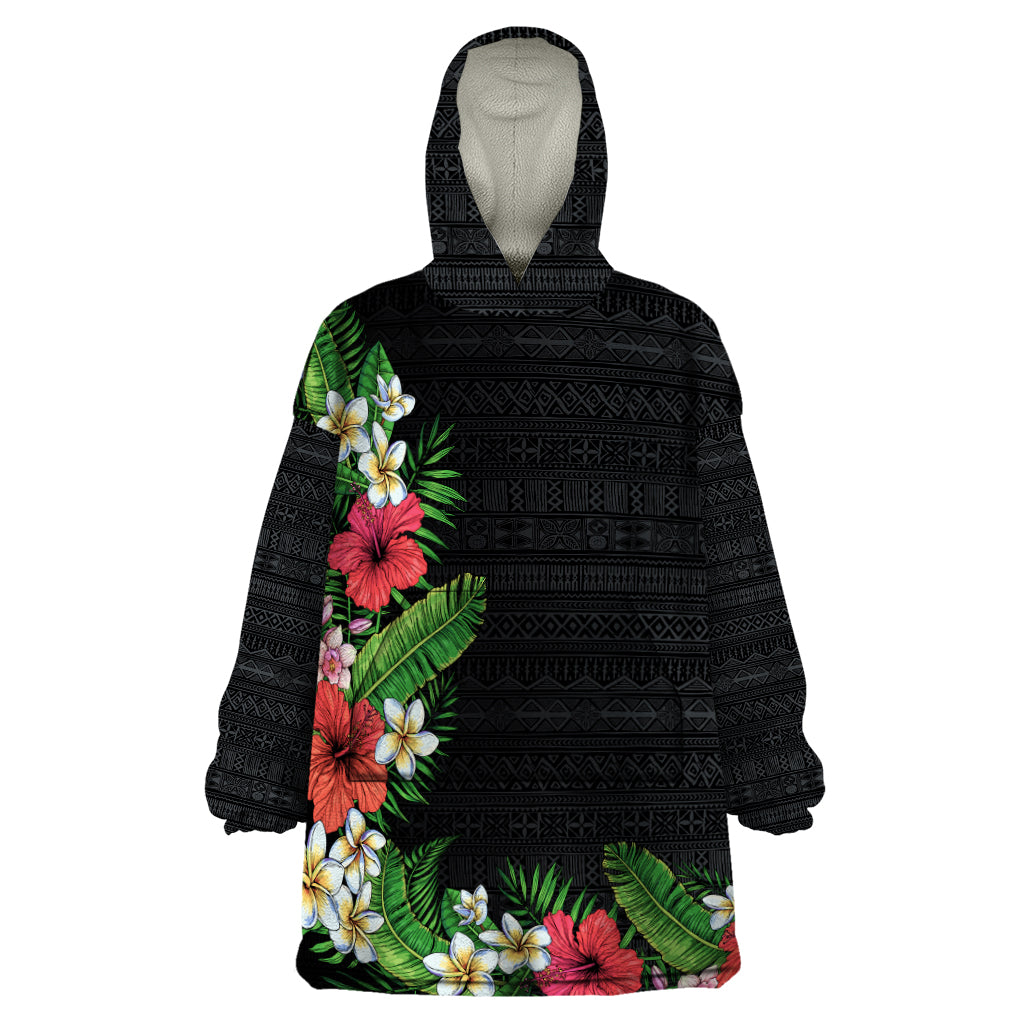 Hawaii Tropical Flowers and Leaves Wearable Blanket Hoodie Tapa Pattern Colorful Mode LT03 One Size Black - Polynesian Pride