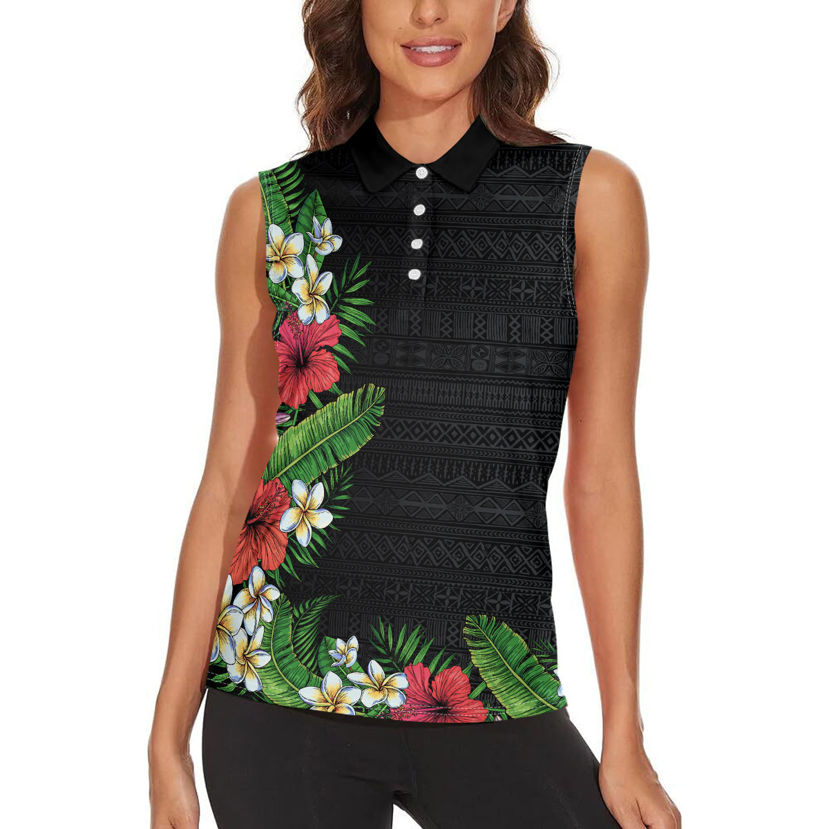 Hawaii Tropical Flowers and Leaves Women Sleeveless Polo Shirt Tapa Pattern Colorful Mode
