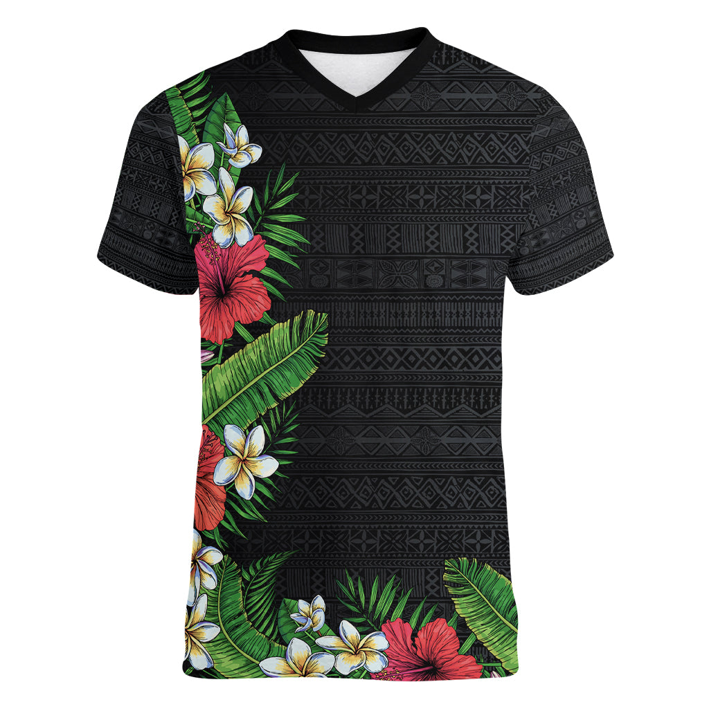 Hawaii Tropical Flowers and Leaves Women V-Neck T-Shirt Tapa Pattern Colorful Mode