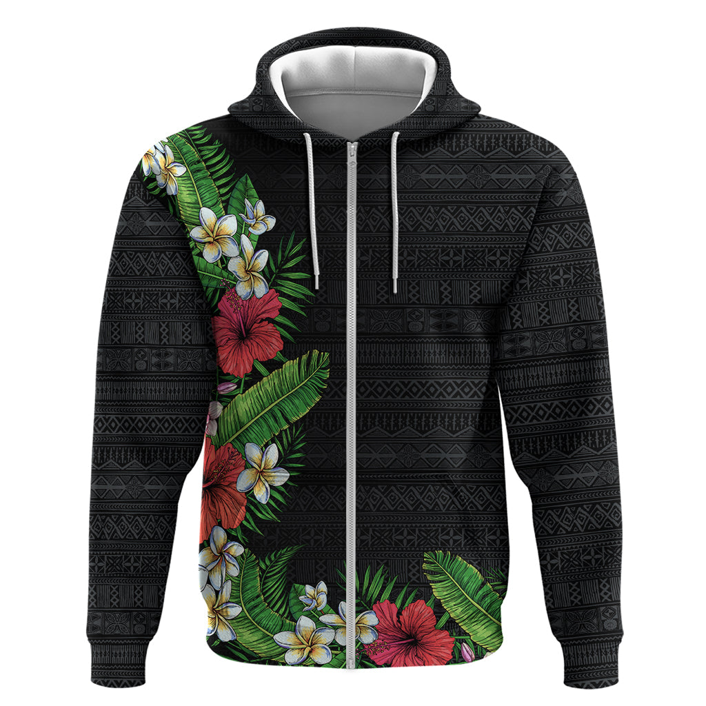 Hawaii Tropical Flowers and Leaves Zip Hoodie Tapa Pattern Colorful Mode LT03 Zip Hoodie Black - Polynesian Pride
